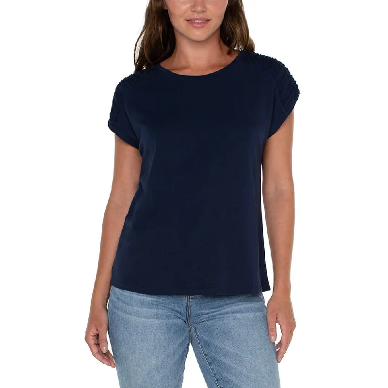 Liverpool Smocked Shoulder Scoop Neck Raglan Knit Top - Dark Navy